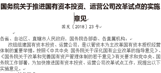 國務(wù)院關(guān)于推進(jìn)國有資本投資、運營(yíng)公司改革試點(diǎn)的實(shí)施意見(jiàn)